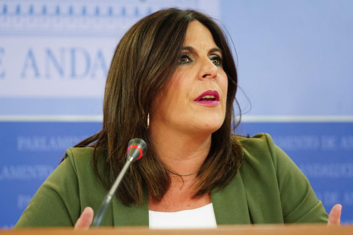 La portavoz del grupo parlamentario del PSOE-A, Ángeles Ferriz, durante la rueda de prensa, el 17 de mayo de 2023, en Sevilla.