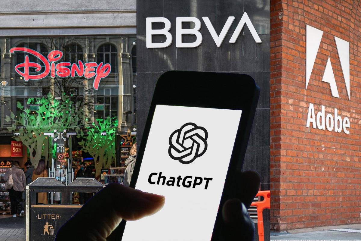 Fotomontaje de ChatGPT, Adobe, BBVA y Disney.