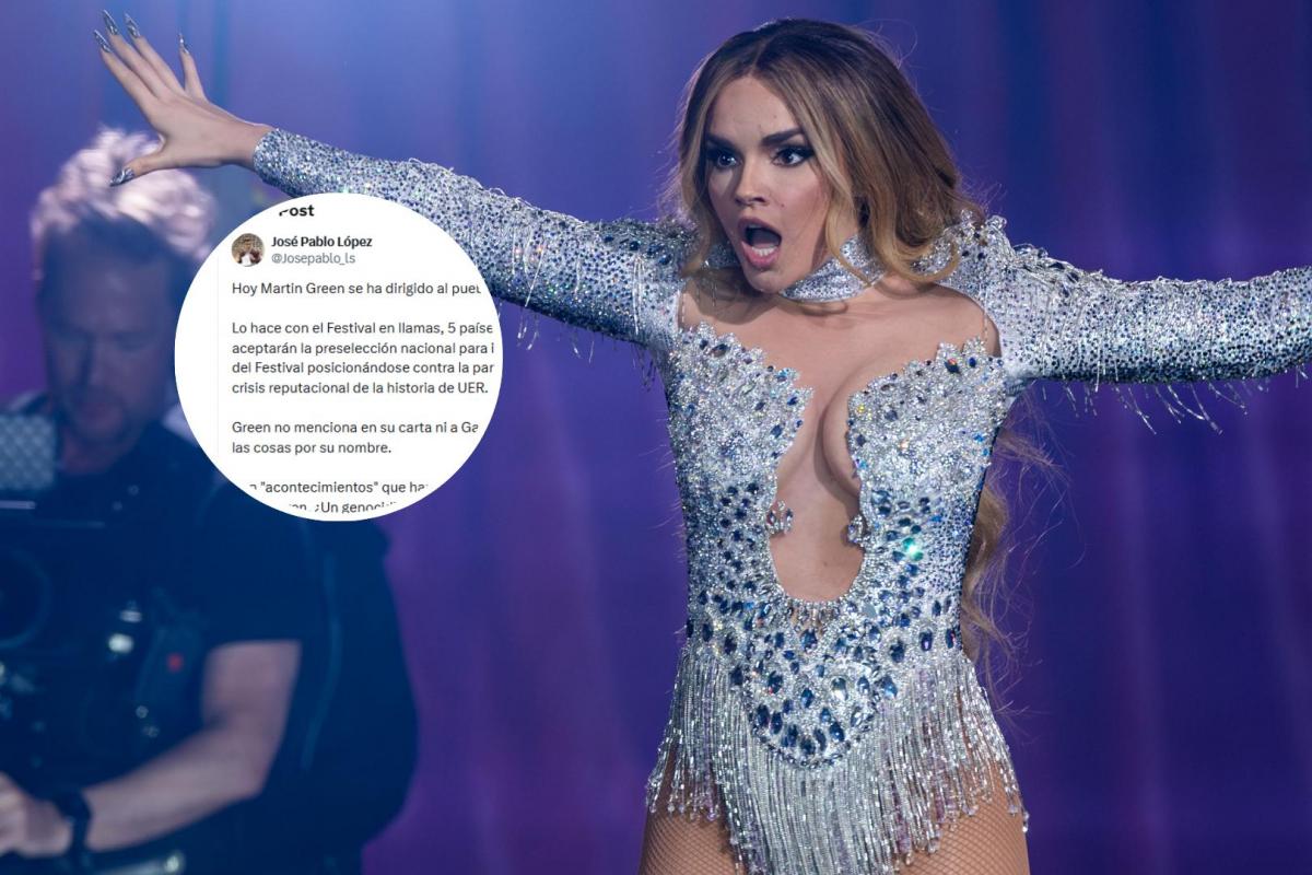 Fotomontaje del tuit del presidente de RTVE, José Pablo López, y una foto de archivo de la actuación de Melody en Eurovisión.