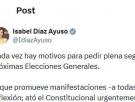 Ayuso publica este polémico tuit en plena jornada de reflexión: un historiador le da una réplica de las que no se olvidan