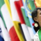 La líder posa para los medios minutos antes de su discurso