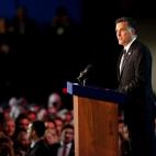 Republican presidential candidate, Mitt Romney, speaks at the podium as he concedes the presidency on November 7, 2012 in Boston, Massachusetts. (Photo by Matthew Cavanaugh/Getty Images)