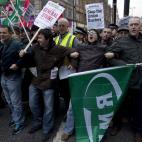 Protesters block traffic on one side of Oxford Street, London, whilst taking part in a picket and demonstration they said was over dismissals of 28 workers employed by contractors on the Crossrail transport project, for being trade union members...