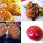 Patatas con bacalao Croquetas de jamón con ensalada Fruta Pan (Fuente: Colegio Arula, Alalpardo, Madrid) Fotos (en el sentido de las agujas del reloj): yosoynuts/Flickr tiago araujo/Flickr roland/Flickr onnoth/Flickr