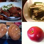 Espagueti con albóndigas Verduras Fruta Pan (Fuente: Colegio Galliate, Piemonte, norte de Italia) Fotos (en el sentido de las agujas del reloj): Kyopia/Flickr tiago araujo/Flickr roland/Flickr Violand Ng/Flick