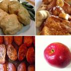 Salchichas de pavo Torrijas con canela Patatas asadas Manzana (Fuente: Escuelas Públicas de Vancouver) Fotos (en el sentido de las agujas del reloj): David Berkowitz/Flickr tiago araujo/Flickr AKZOphoto/Flickr citymama/Flickr