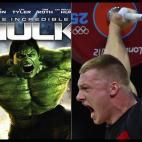 Halterofilia y caras de Hulk.