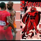 El traje con agujeros del atleta Justin Gatlin le da aspecto de superhéroe.