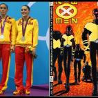 Las chicas de plata de natación sincronizada lucen el chándal olímpico con bastante dignidad, pero es que no hay por donde cogerlo.