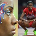 Deedee Trotter se llevó el bronce en 400 metros y no perdió este curioso maquillaje por el camino. También con deportivas flúor. | Afp
