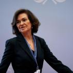 La vicepresidenta del Gobierno en funciones, Carmen Calvo, a su llegada a la vigésimo quinta conferencia del clima de la ONU (COP25)