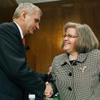 WASHINGTON, DC - NOVEMBER 03: (L-R) Sen. Jack Reed (D-RI) introduces himself to Holly Petraeus, assistant director for service member affairs at the Consumer Financial Protection Bureau, during a Senate Banking, Housing and Urban Affairs Committ...