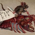 Sí, es justo lo que parece: un ratón conduce a una langosta tirándole de los bigotes. El cartel desea 'Paix, Joie, Sante, Bonheur', 'Paz, Alegría, Salud, Felicidad'. De la década de los 80... pero del siglo XIX.