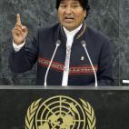 El presidente de Bolivia Evo Morales durante su presentación ante la Asamblea General de la ONU el 25 de septiembre del 2013. (AP Photo/Andrew Burton, Pool)