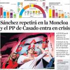 La Vanguardia, en la misma l&iacute;nea que los dem&aacute;s medios, utiliza para su portada una imagen de S&aacute;nchez victorioso. La informaci&oacute;n principal destaca una victoria en la izquierda "con amplitud" y que el PP "es dinamitado ...