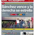 'Sanchez vence y la derecha se estrella' es el titular elegido por el diario catal&aacute;n. En portada, adem&aacute;s de una foto de los socialistas celebrando la victoria en los comicios en la puerta de Ferraz, destacan el triunfo de ERC en Ca...