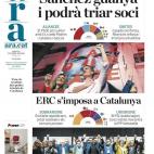 El diario catal&aacute;n ﻿Ara ﻿habla de que los socialistas se imponen y miran hacia la izquierda y que ERC gana en Catalu&ntilde;a. En im&aacute;genes, S&aacute;nchez en Ferraz y los l&iacute;deres de ERC.