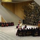 Pope Benedict XVI (C) leads his weekly general audience on January 30, 2013 at the Paul VI hall at the Vatican. AFP PHOTO / ANDREAS SOLARO (Photo credit should read ANDREAS SOLARO,ANDREAS SOLARO/AFP/Getty Images)
