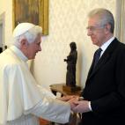In this photo provided by the Vatican paper L'Osservatore Romano, Italian Prime Minister Mario Monti, right, and Pope Benedict XVI meet during an official visit at the Vatican Saturday, Jan. 14, 2012. Premier Mario Monti has met with Pope Benedi...