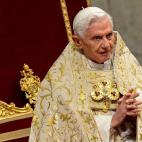 Pope Benedict XVI celebrates the Vespers and Te Deum prayers in Saint Peter's Basilica the mark the end of 2012 at the Vatican on December 31, 2012. AFP PHOTO / ANDREAS SOLARO (Photo credit should read ANDREAS SOLARO/AFP/Getty Images)