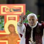 Pope Benedict XVI blesses as arrives for the prayer with the ecumenical christian community of Taize during their European meeting, on December 29, 2012, in St.Peter's square at the Vatican. The Taize community, based in the eastern French villa...