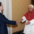 Pope Benedict XVI (R) greets Russian President Dmitry Medvedev during an audience at The Vatican on December 3, 2009. Russia and the Vatican have established full diplomatic relations ending longstanding tensions, the Kremlin announced afterMedv...