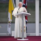 Pope Benedict XVI delivers a speech prior to his departure at Birmingham International Airport, on September 19, 2010. The first state visit of a pope to Britain -- his predecessor John Paul II made a 'pastoral visit' in 1982 -- began in Scotlan...