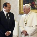 VATICAN CITY - NOVEMBER 19: Pope Benedict XVI (R) talks with Italian Prime Minister Sivio Berlusconi during their meeting November 19, 2005 in Vatican City. This is the first meeting between the two since teh Pope's election. (Photo by Alberto...