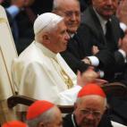 VATICAN CITY, ITALY - NOVEMBER 17: Pope Benedict XVI attends the screening of 'John Paul II' Premiere at the Paul VI Hall on November 17, 2005 in Vatican City, Italy. (Photo by Franco Origlia/Getty Images)