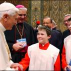 ITALY - OCTOBER 22: Pope Benedict XVI attends a concert by the Regensburger Domspatzen boys choir with his brother Georg Ratzinger at the Sistine Chapel in the Vatican in Rome, Italy on October 22nd, 2005. (Photo by Eric VANDEVILLE/Gamma-Rapho...