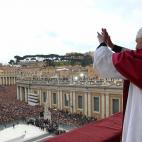 VATICAN CITY, Vatican: Pope Benedict XVI, Cardinal Joseph Ratzinger of Germany, appears on the balcony of St Peter's Basilica in the Vatican after being elected by the conclave of cardinals, 19 April 2005. AFP PHOTO POOL Osservatore Romano Artu...