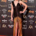 La ganadora de Operaci&oacute;n Triunfo lleg&oacute; ovacionada a la alfombra roja de los Goya. La cantante debut&oacute; en los premios con un vestido estampado, con cadenas y abertura central, fiel a su estilo y muy natural.
