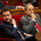 BARCELONA, SPAIN - NOVEMBER 26: (I-D) The vice president of Cataluña, Pere Aragones, and the president of Cataluña, Quim Torra, at the chamber of the Parliament of Cataluña during a plenary session on November 26, 2019 in Barcelona, Spain. (P...