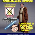 Germán-Wan Kenobi fue candidato a la alcaldía de la ciudad de Pucallpa, en Perú. "Liberaré a Pucallpa del Lado Oscuro", afirmaba el candidato del partido Movimiento Popular Ucayali. Antes de empuñar el sable láser era periodista. Para llam...