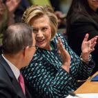 NEW YORK, NY - MARCH 07: United Nations Secretary General Ban Ki-moon (L) and Former United States Secretary of State Hillary Clinton attend the event 'Equality for Women is Progress for All' at the United Nations on March 7, 2014 in New York C...