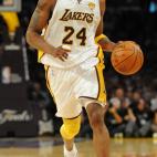 LA Lakers guard Kobe Bryant dribbles the ball before the Boston Celtics went on to win 103-94 in game two of the NBA finals at the Staples Center in Los Angeles on June 6, 2010. The defending champion Los Angeles Lakers are not only seeking the...