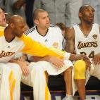 LA Lakers guard Kobe Bryant (R) returns to the bench after a foul before the Boston Celtics went on to win 103-94 in game two of the NBA finals at the Staples Center in Los Angeles on June 6, 2010. The defending champion Los Angeles Lakers are ...