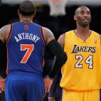 LOS ANGELES, CA - DECEMBER 29: Carmelo Anthony #7 of the New York Knicks and Kobe Bryant #24 of the Los Angeles Lakers talk during the first half at Staples Center on December 29, 2011 in Los Angeles, California. NOTE TO USER: User expressly ac...