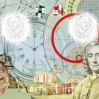 Two pages (featuring John Harrison - Iconic Innovations) from the new British passport design that have been unveiled at Shakespeare's Globe Theatre in London.