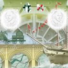 Two pages (featuring Steam Transport - Iconic Innovations) from the new British passport design that have been unveiled at Shakespeare's Globe Theatre in London.