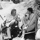 Con su hijo Michael en un set de rodaje