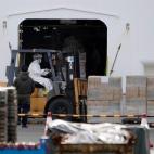 En una rueda de prensa, el ministro de Salud, Katsunobu Kato, informó de que 21 del 41 nuevos casos detectados son japoneses, pero no precisó la nacionalidad del resto. Un trabajador con traje de protección carga suministros en el crucero Dia...