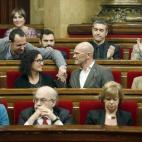 El diputado de Junts pel Si, Raül Romeva (c), felicitado por miembros de su grupo tras su intervención.