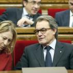 El presidente de la Generalitat en funciones, Artur Mas, y su vicepresidenta, Neus Munté, en el hemiciclo del Parlament de Cataluña, donde se celebra el pleno que debate y vota la resolución conjunta de Junts pel Sí y la CUP que pretende ser...