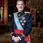 De la corbata del rey cuelga la venera del Tois&oacute;n de Oro y en la pechera de la chaqueta est&aacute;n prendidas la Placa de la Orden de Carlos III y las Placas de las Grandes Cruces del M&eacute;rito Militar, del M&eacute;rito Naval y del ...