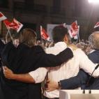 El secretario general del PSOE, Pedro Sánchez, el candidato a la Comunidad de Madrid, Ángel Gabilondo, y a la Alcaldía de la capital, Antonio Miguel Carmona, durante el acto de inicio de campaña para las elecciones autonómicas y municipales...