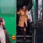 Bajando del bus de campaña en Manchester