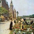 Le Marché aux Fleurs - Reine Elisabeth II, Île de la Cité, Quai de la Corse Paris 4e, avec en fond les tours de la Conciergerie.