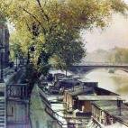 Alignement de péniches, Quai de Bourbon Paris 4e sur l'île Saint-Louis avec le pont Louis Philippe en fond.