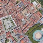 Calle Estafeta y la plaza de toros de Pamplona.